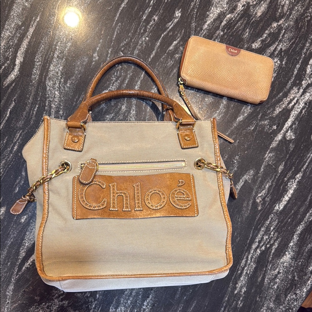 Chloe Tan Canvas and Leather Tote Bag & Chloe leather wallet